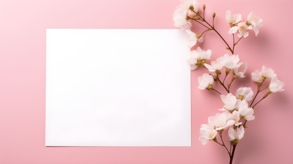 粉色背景上的花朵与白色方形纸张摄影图片