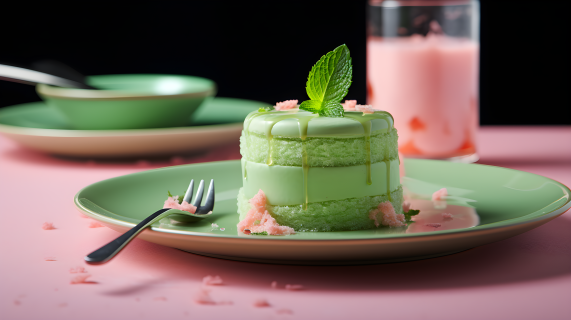 绿光粉色竹蒸抹茶蛋糕摄影图片