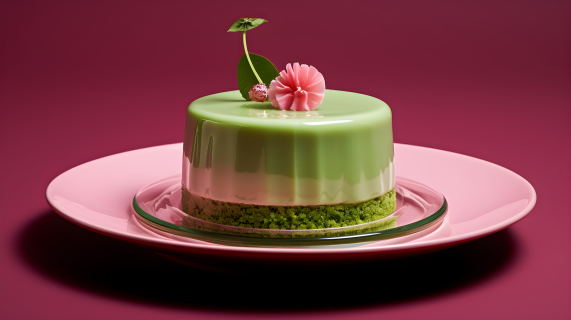 粉色盘子上的蒸抹茶蛋糕摄影图