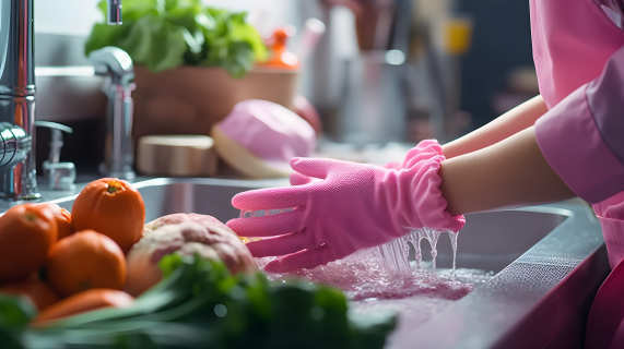 厨房粉色手套擦洗碗筷摄影图