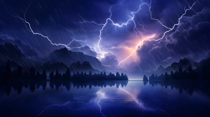 湖畔暴风雨之雷电狂舞摄影图版权图片下载