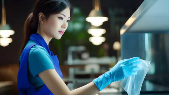 亚洲女性带蓝手套清洁摄影图片