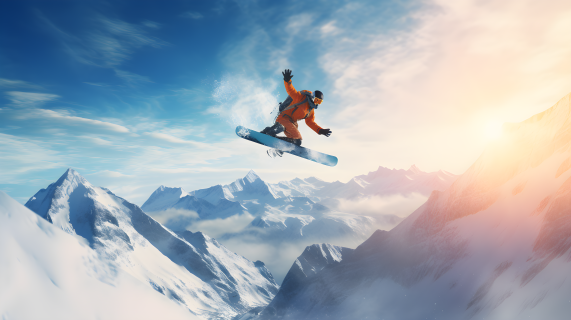 飞越雪山的滑雪板运动员摄影图片