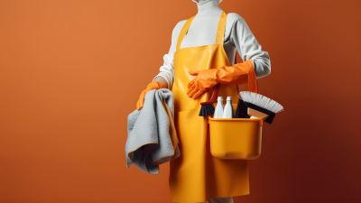 橘色围裙携带清洁用品摄影图片