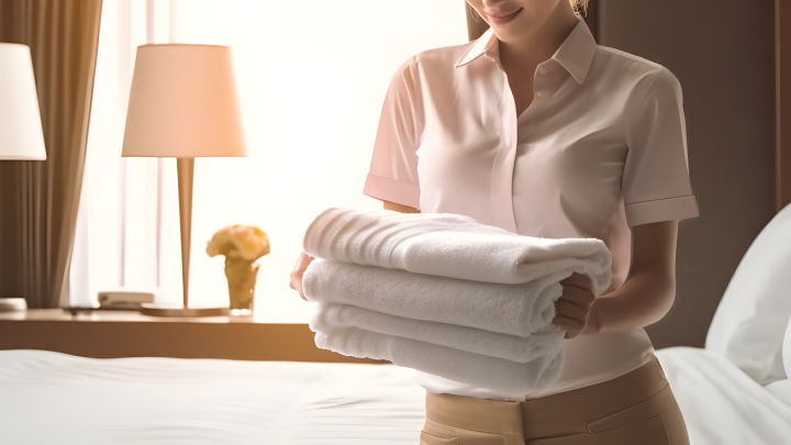 酒店服务员整理床上的毛巾摄影版权图片下载