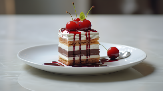 红棕色的三层奶油水果方形迷你蛋糕摄影图片