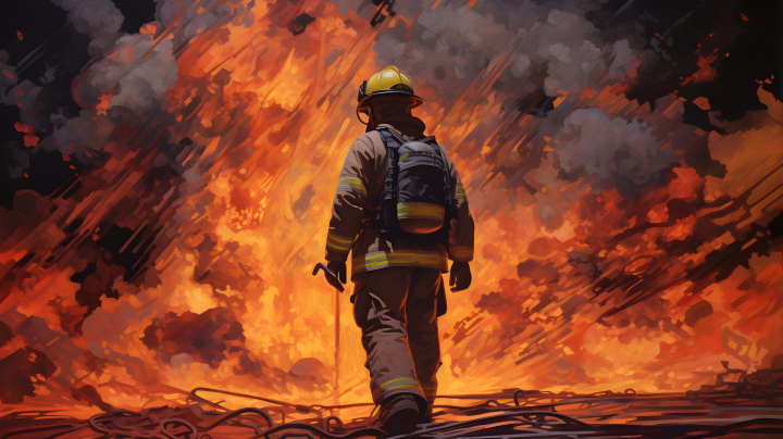 消防员挺身大火前 动能流动风格摄影图版权图片下载