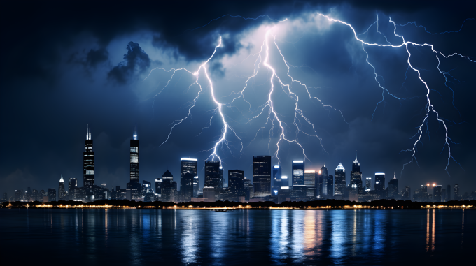 北方地貌风格下的夜晚城市天际线雷电