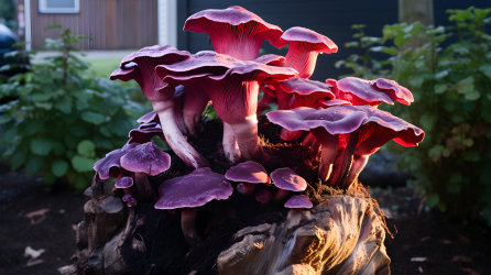 红紫蘑菇盛开在树桩上摄影图片