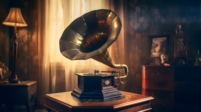 古董留声机坐落于维多利亚风格的木质桌面上摄影图