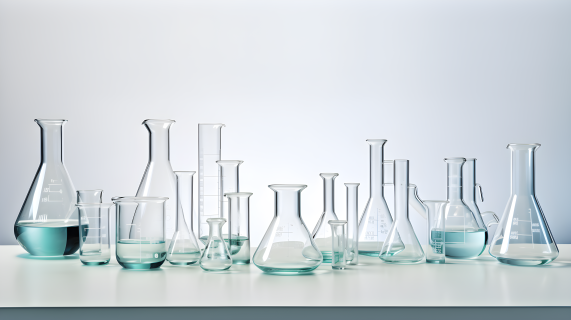 白色实验室玻璃器皿在白色桌面上摄影图