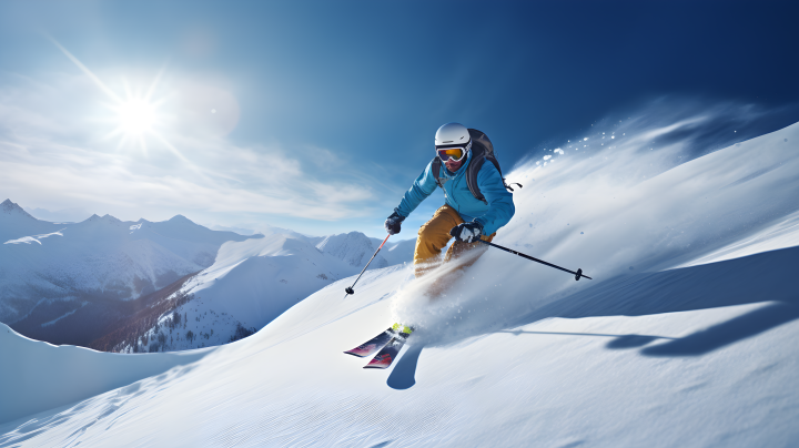 阳光斜坡上的滑雪人摄影图版权图片下载
