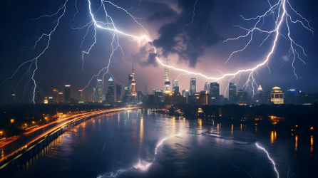 闪电暴雨中的城市与江河摄影图