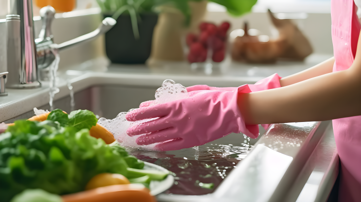 粉色手套厨房洗碗挤菜摄影版权图片下载