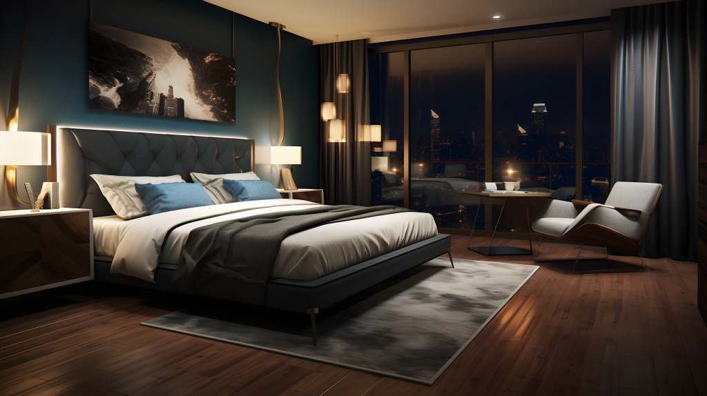 中国北方地形风格的豪华硬木地板和暗灯现代卧室摄影图