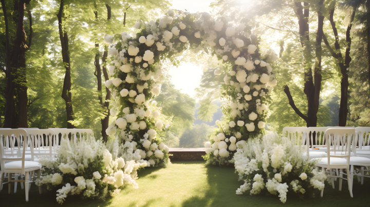 白椅花海繁复绿意婚礼摄影图版权图片下载