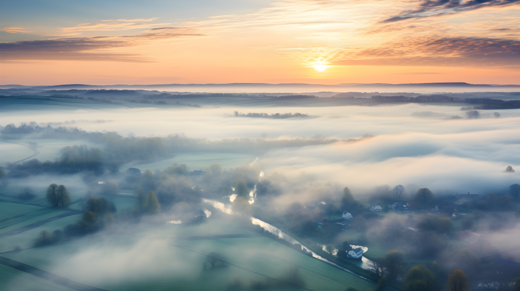 旭日、雾霭晨间的天空与乡村景色的航拍摄影图