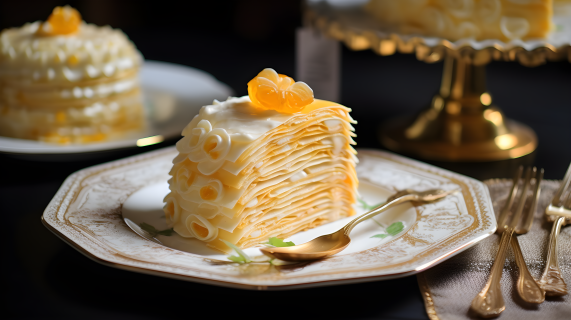 精致细腻的白巧克力柠檬千层蛋糕摄影图