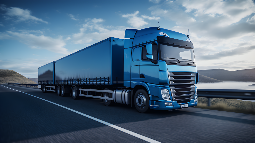 蓝色半挂卡车在路上行驶的摄影版权图片下载