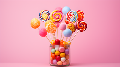 彩色糖果棒在粉色背景上的摄影图