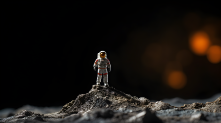 玩具宇航员站在岩石上的摄影图