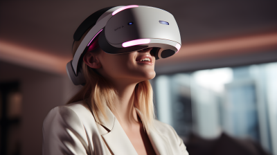 虚拟现实头盔中的女性玩家摄影图片