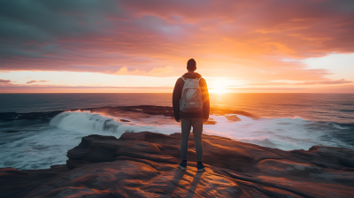 傍晚时分，面朝大海的人站在岩石上，夕阳在他身后渐渐下山——自然色调的粉橙之美摄影图