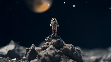 玩具宇航员站在岩石上的摄影图片