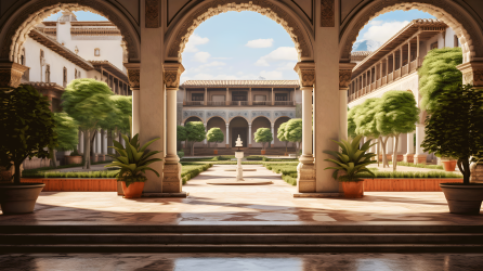 西班牙风情建筑与庭院的壮丽景致摄影图