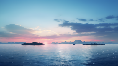 夕阳余晖下的蓝色水岛