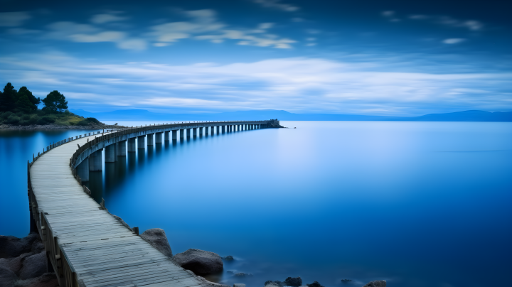 海岸线上的弧形堤桥摄影版权图片下载