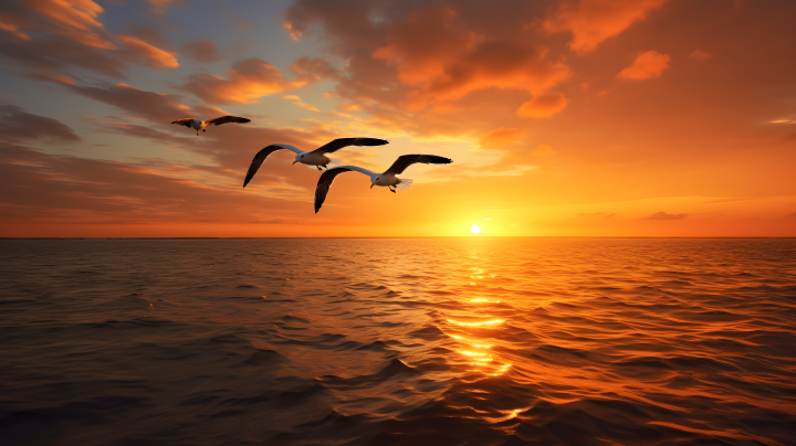 夕阳下的两只飞鸟摄影版权图片下载