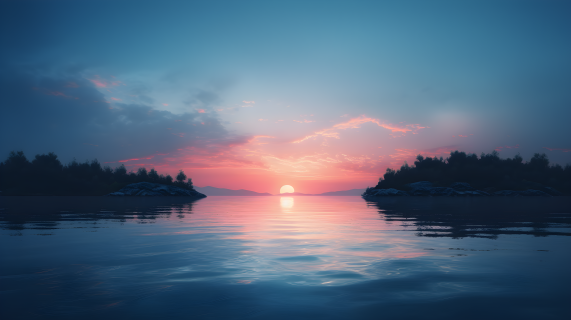 蓝色水平线上的落日与岛屿背景的摄影图片