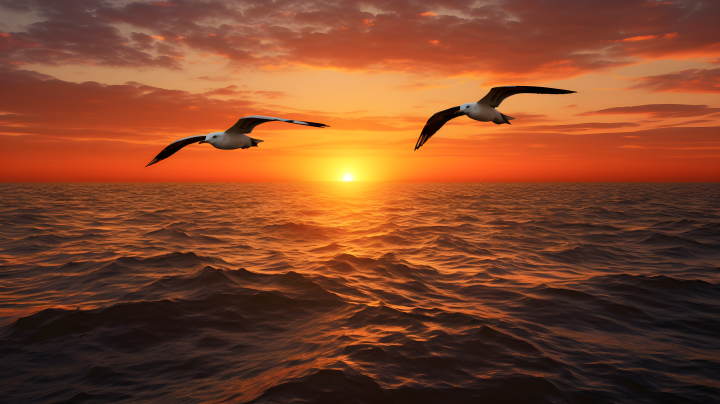 夕阳下的两只飞鸟摄影版权图片下载