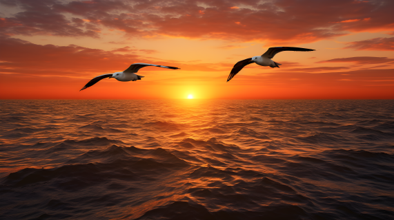 夕阳下的两只飞鸟摄影图片