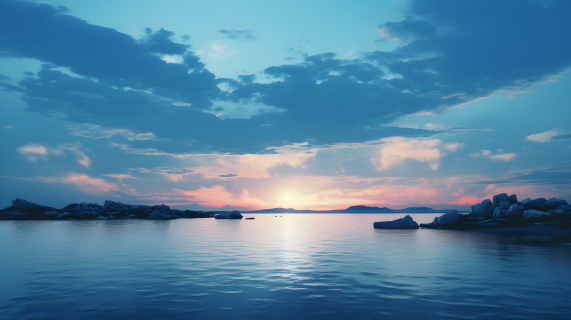 蔚蓝色水岛背景落日摄影图