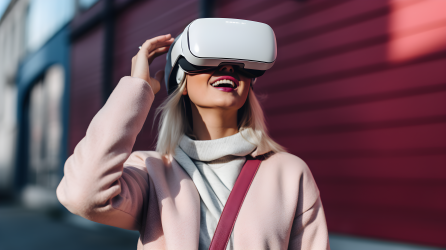 女性玩家戴着虚拟现实头盔持游戏手柄的摄影图片