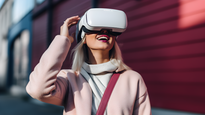 女性玩家戴着虚拟现实头盔持游戏手柄的摄影版权图片下载