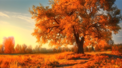 秋天树上的日落摄影图片