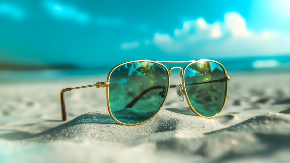 金色和绿色太阳镜沉在沙滩上的摄影图