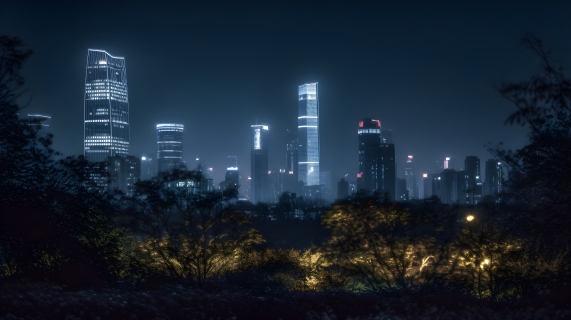 夜幕下的上海高楼与绿意摄影图