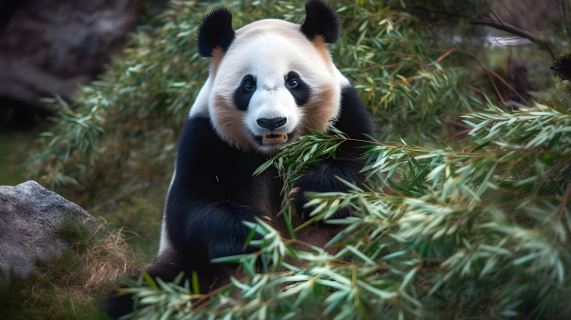 熊猫熊吃青草的摄影图片