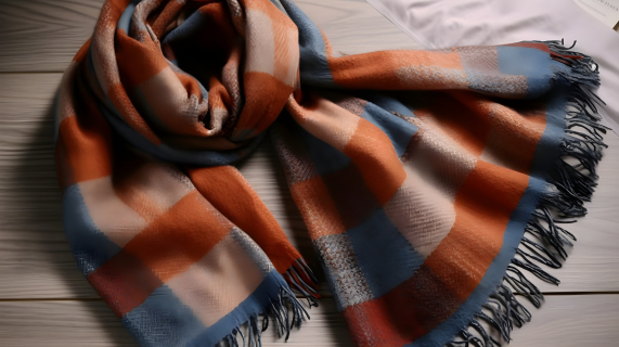 柔和边缘的深橙浅蓝格纹围巾摄影图片