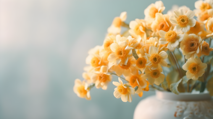 白瓷花瓶里的黄色花朵摄影图版权图片下载