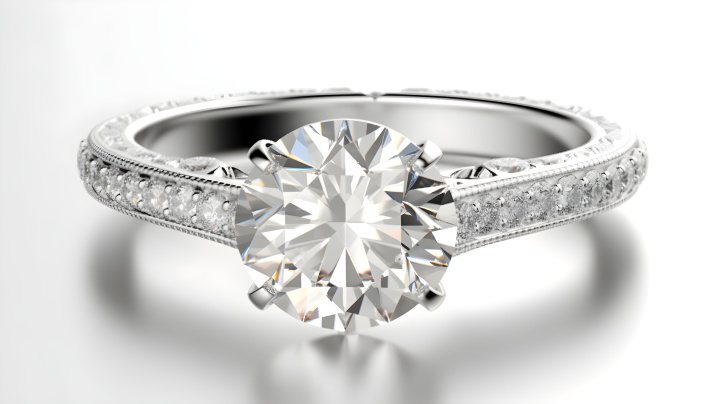 白色背景下的白金钻石订婚戒指摄影版权图片下载