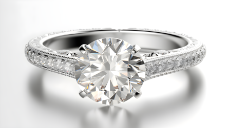 白色背景下的白金钻石订婚戒指摄影图片