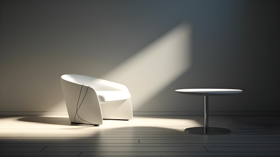 空房间中阳光照射的白椅与灯摄影图片
