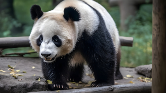 动物园木头上熊猫摄影图片