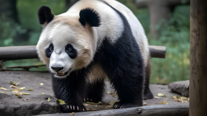 动物园木头上熊猫摄影版权图片下载