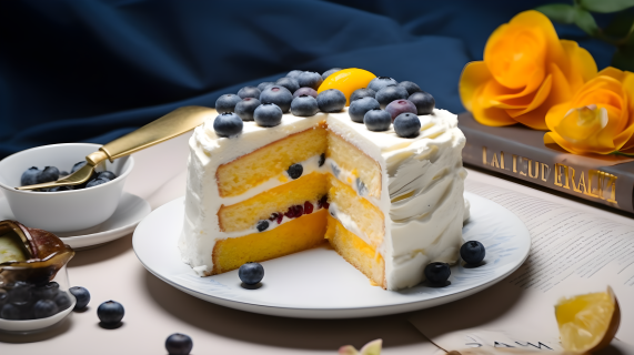 桂花橙黄蓝莓蛋糕摄影图